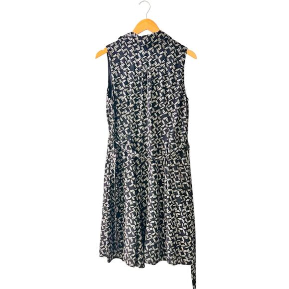 Banana Republic Grid Striped Sleeveless Half Button Up Belted Dress Size 8 Black - Picture 2 of 7